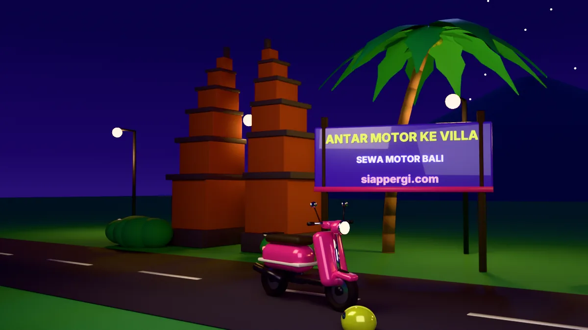 Sewa motor Bali antar ke villa malam hari, render 3D siappergi.com