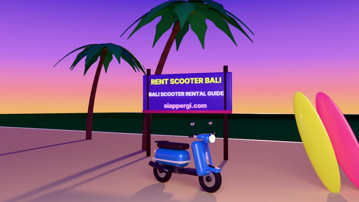 Rent a scooter in Bali: retro scooter at the beach, 3D render by siappergi.com