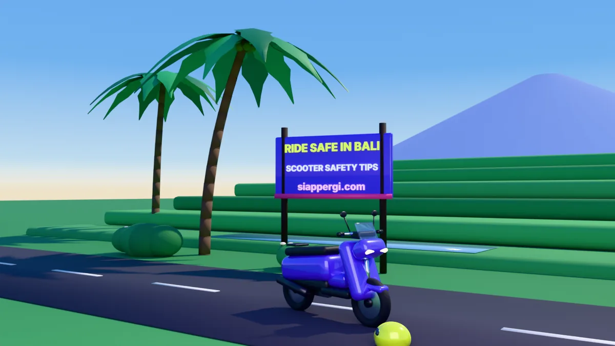 Ride safe in Bali: scooter and helmet by the rice terraces, 3D render by siappergi.com
