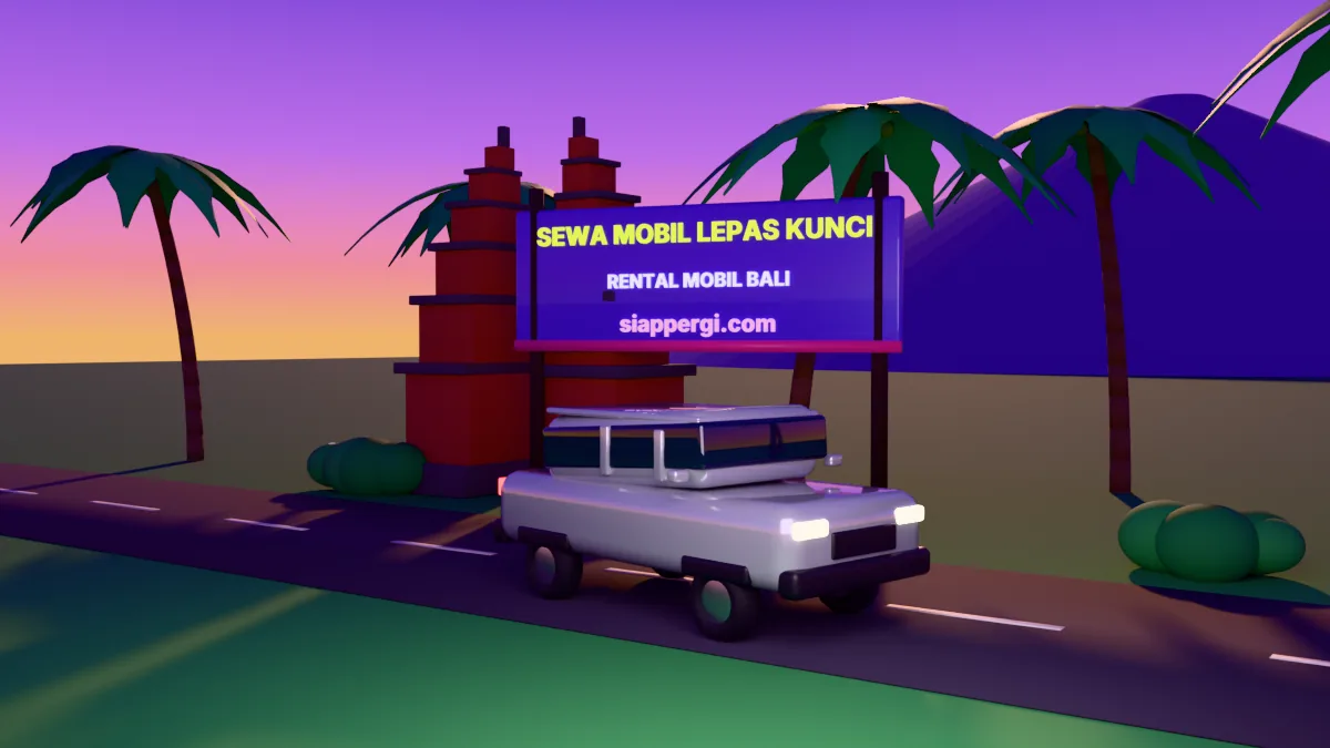 Sewa mobil lepas kunci di Bali saat senja, render 3D siappergi.com
